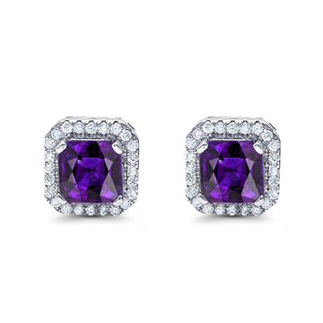 Halo Stud Earrings Wedding Princess Cut Simulated Amethyst CZ Solid 925 Sterling Silver